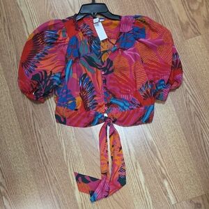 Joie Red and Blue Patterned Tie-Front Blouse